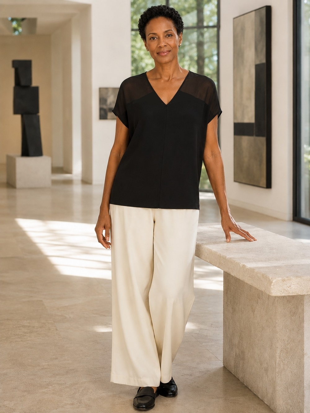 Eileen Fisher Silk Georgette Crepe V-Neck Black Blouse PL Petite Large